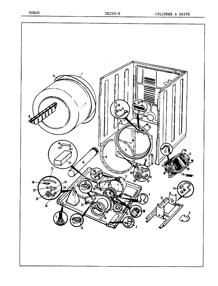 CYCLINDER & DRIVE (REV.A - C) Diagram and Parts List for DEJ208W  Norge Dryer