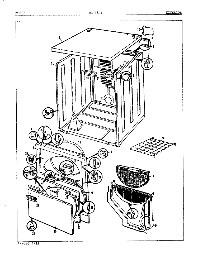 EXTERIOR (ORIG. REV. A) Diagram and Parts List for DGJ181W  Norge Dryer