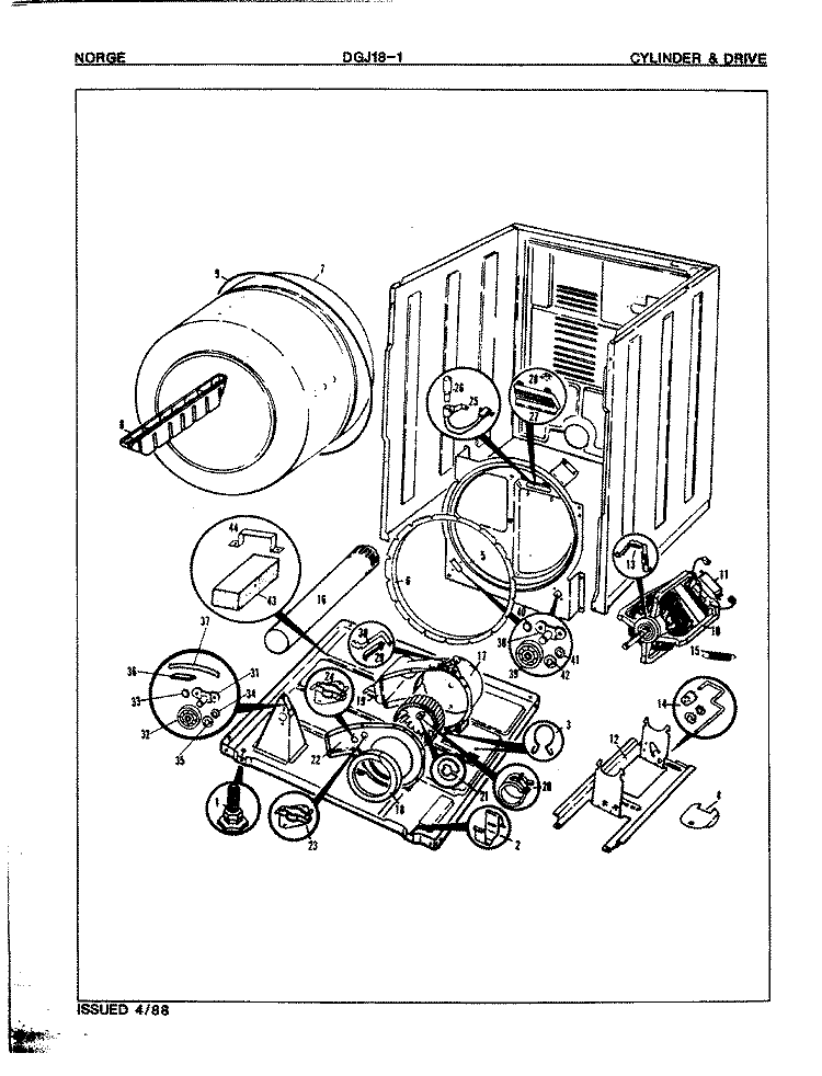 CYLINDER & DRIVE (ORIG. - REV.A) Diagram and Parts List for DGJ181H  Norge Dryer
