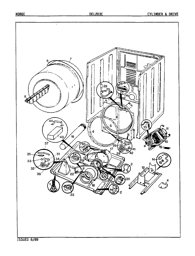 CYLINDER & DRIVE (REV. A - D) Diagram and Parts List for DEL203WC  Norge Dryer