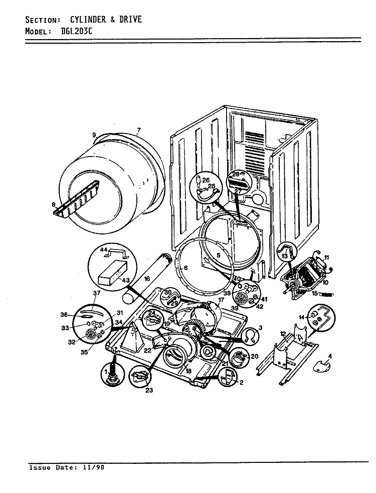 CYLINDER & DRIVE (ORIG. - REV. A - D) Diagram and Parts List for DGL203AC  Norge Dryer