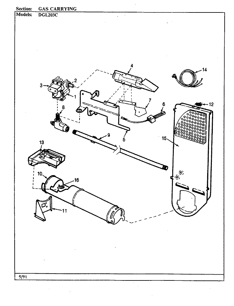 GAS CARRYING (ORIG. REV. A - D) Diagram and Parts List for DGL203AC  Norge Dryer