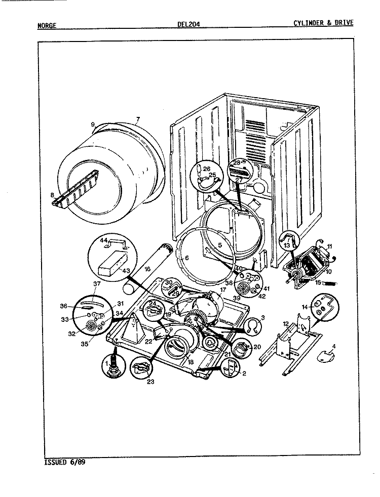 CYLINDER & DRIVE (ORIG. - REV. A - B) Diagram and Parts List for DEL204A  Norge Dryer