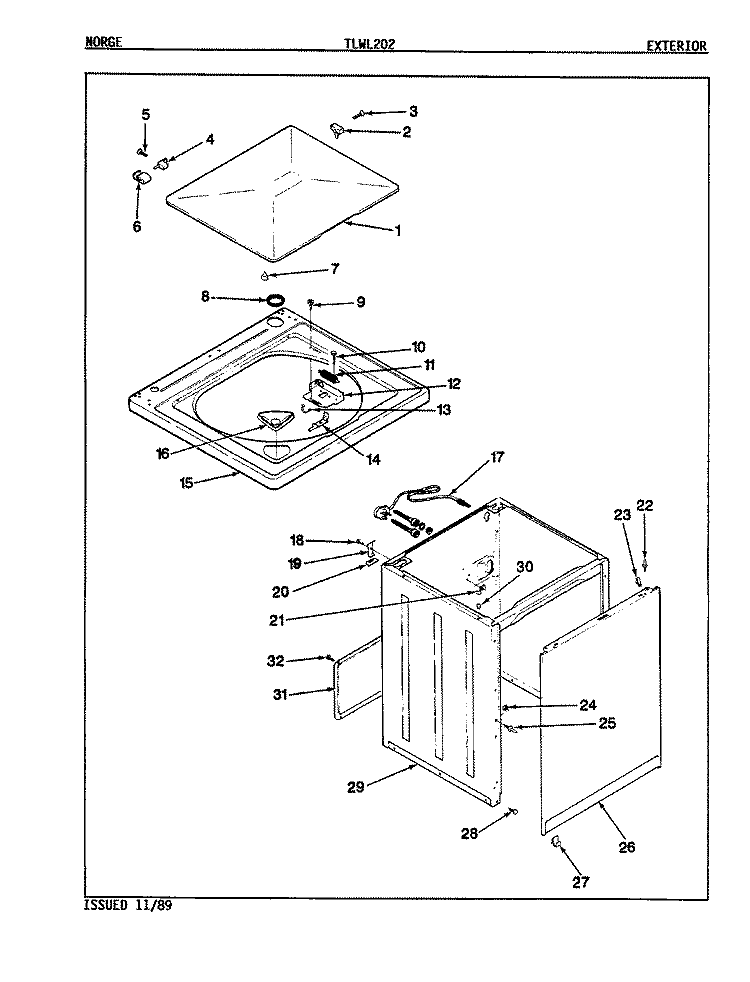 EXTERIOR Diagram and Parts List for TLWL202W  Norge Washer