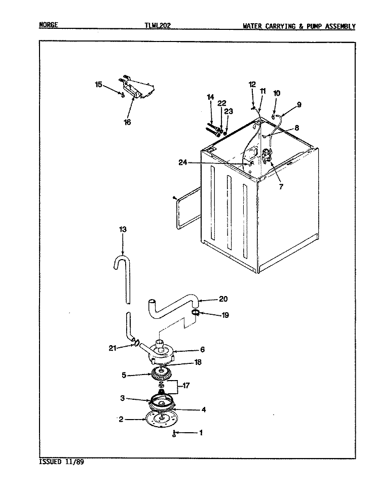 WATER CARRYING & PUMP ASSEMBLY Diagram and Parts List for TLWL202W  Norge Washer