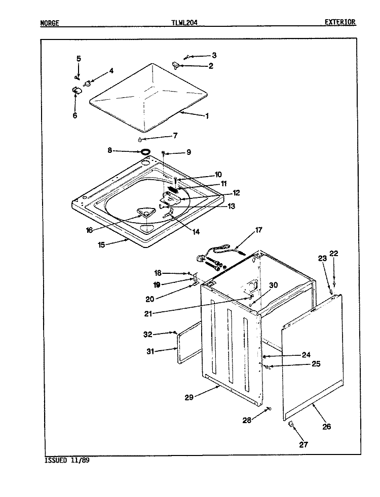 EXTERIOR Diagram and Parts List for TLWL204W  Norge Washer