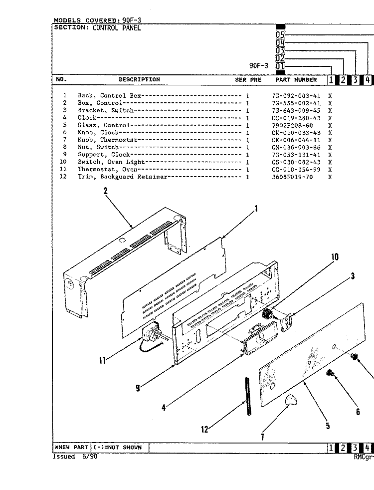 CONTROL PANEL Diagram and Parts List for 90FA-3KX  Magic Chef Wall Oven