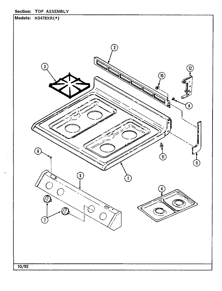 TOP ASSEMBLY Diagram and Parts List for N3478XRW  Norge Range