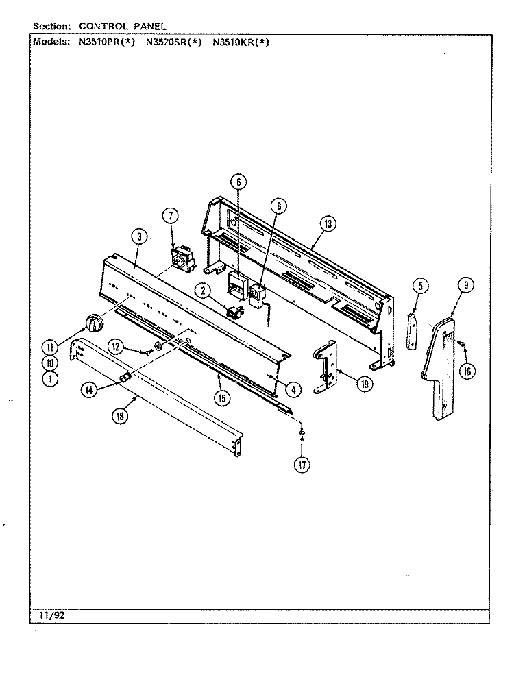 CONTROL PANEL (N3510KR) Diagram and Parts List for N3510KRA  Norge Range