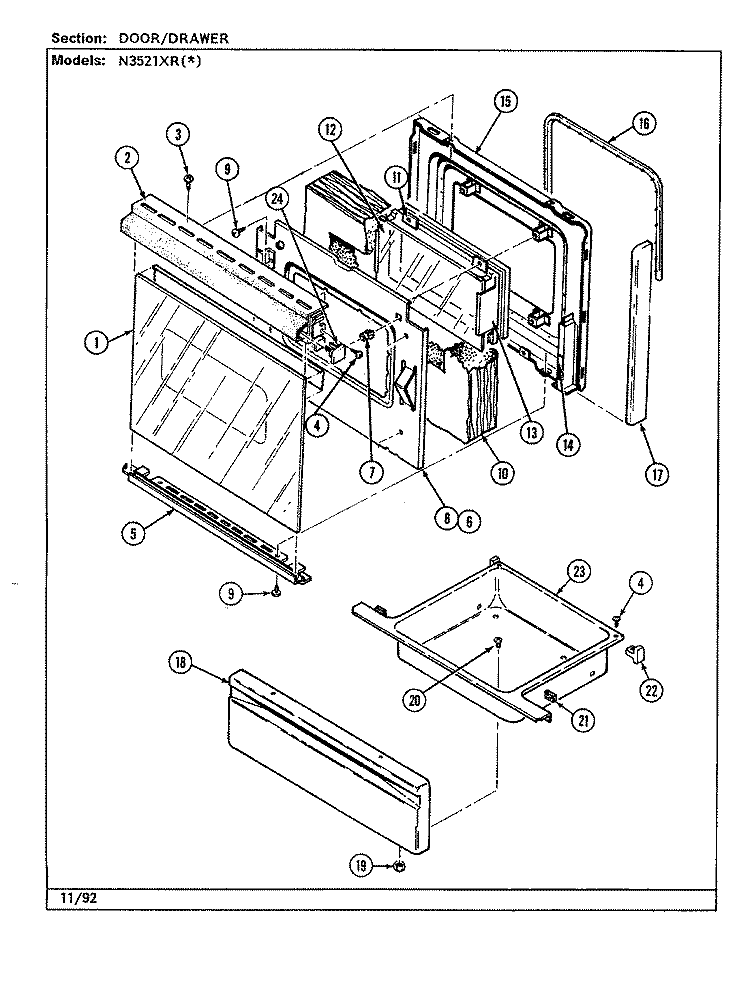 DOOR / DRAWER (N3521XR) Diagram and Parts List for N3521XRW  Norge Range