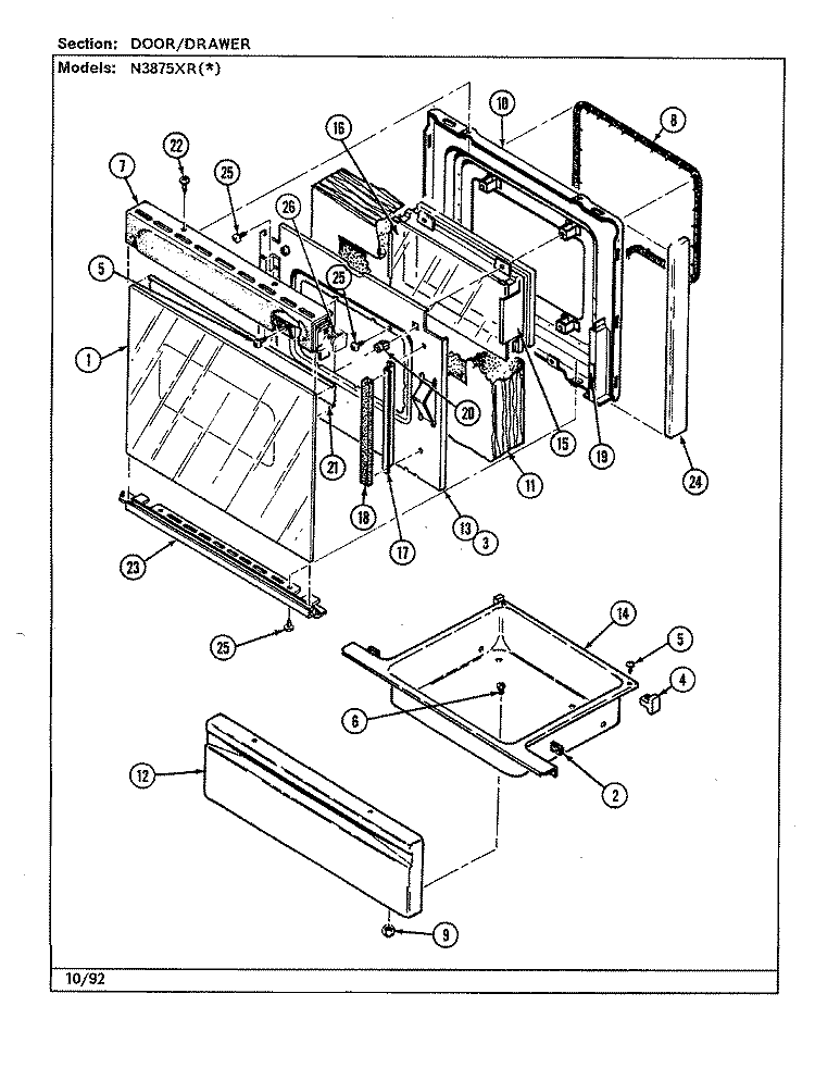 DOOR / DRAWER Diagram and Parts List for N3875XRW  Norge Range