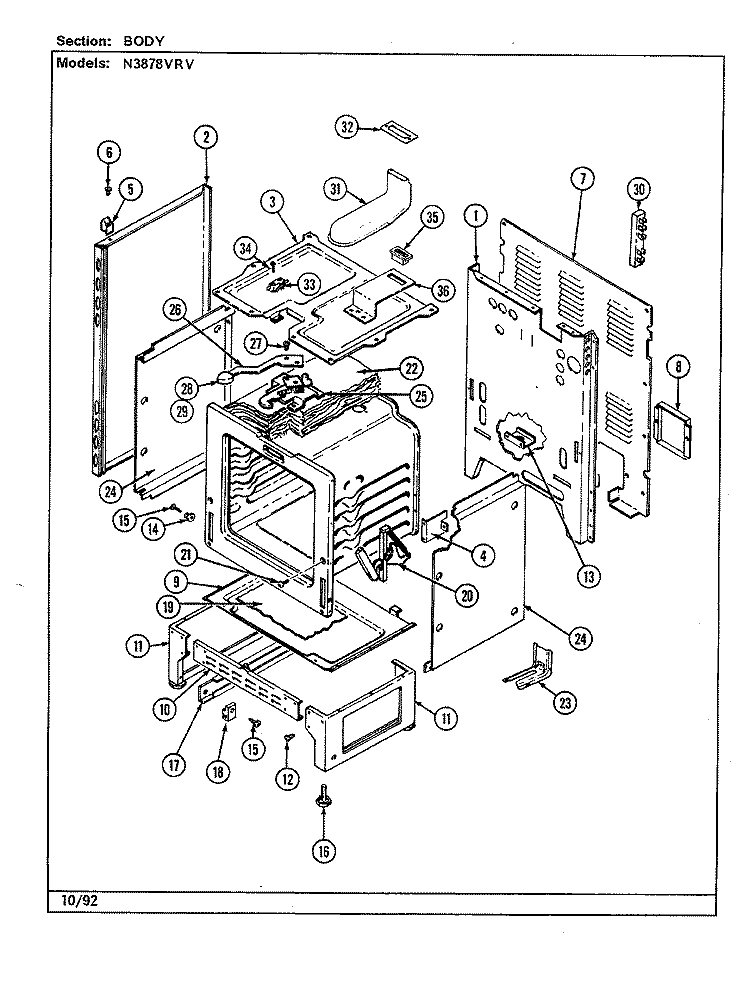 BODY Diagram and Parts List for N3878VRV  Norge Range