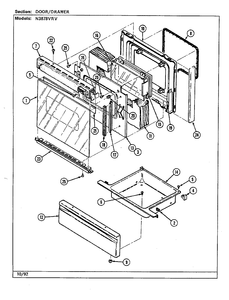 DOOR / DRAWER Diagram and Parts List for N3878VRV  Norge Range