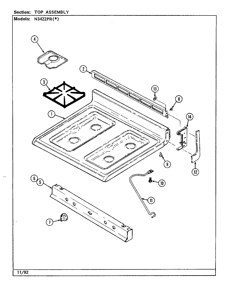 TOP ASSEMBLY Diagram and Parts List for N3422PRW  Norge Range