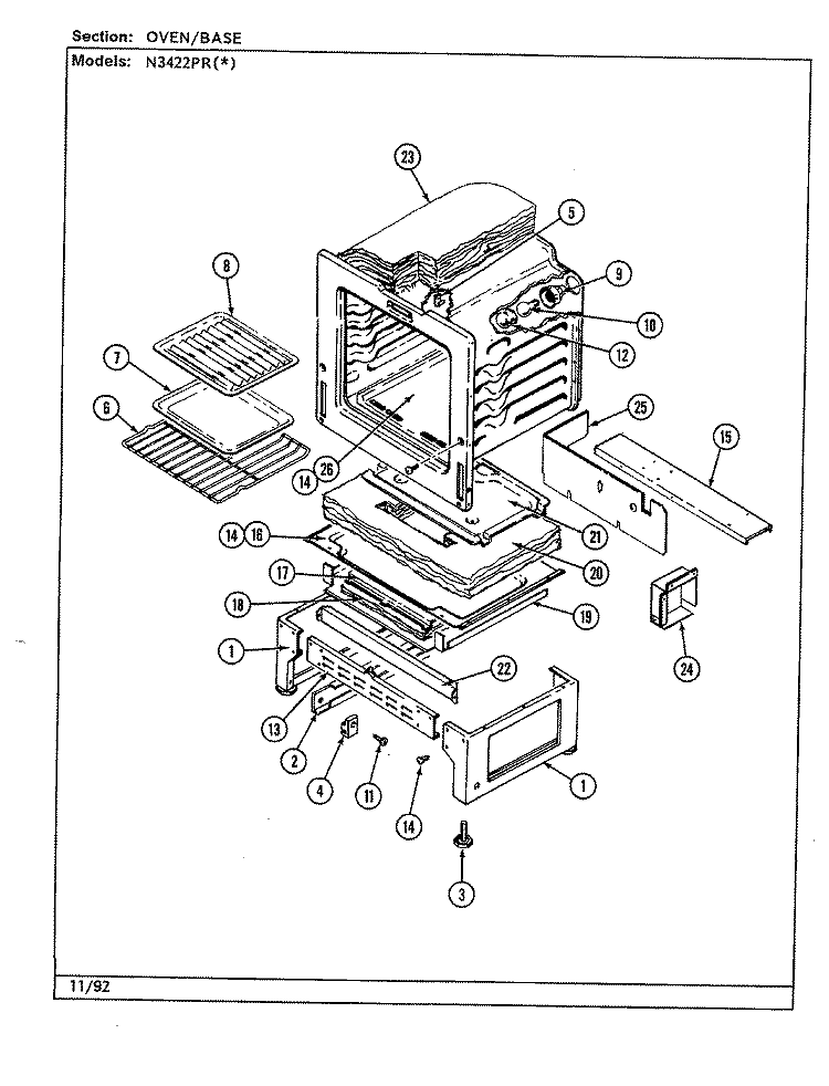 OVEN / BASE Diagram and Parts List for N3422PRW  Norge Range