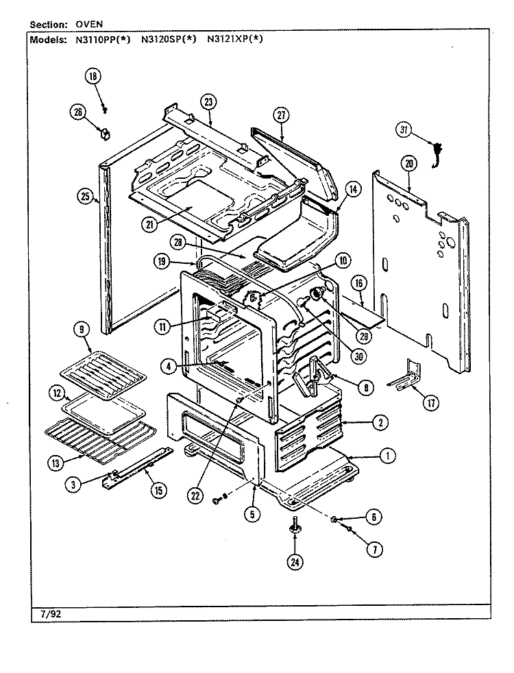 OVEN (N3110SPx, N3120SPx) Diagram and Parts List for N3110PPW  Norge Range