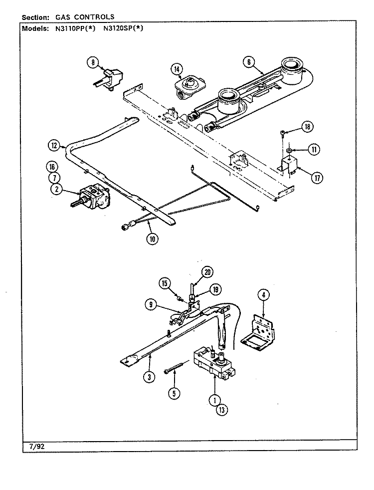 GAS CONTROLS Diagram and Parts List for N3110PPW  Norge Range