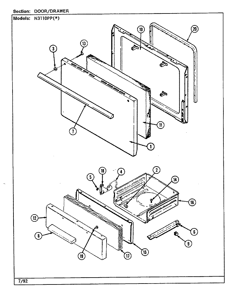 DOOR / DRAWER (N3110PPx) Diagram and Parts List for N3110PPW  Norge Range