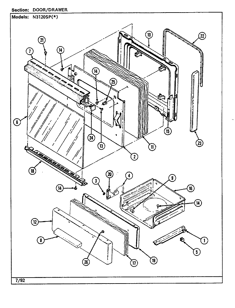 DOOR / DRAWER (N3120SPx) Diagram and Parts List for N3110PPW  Norge Range