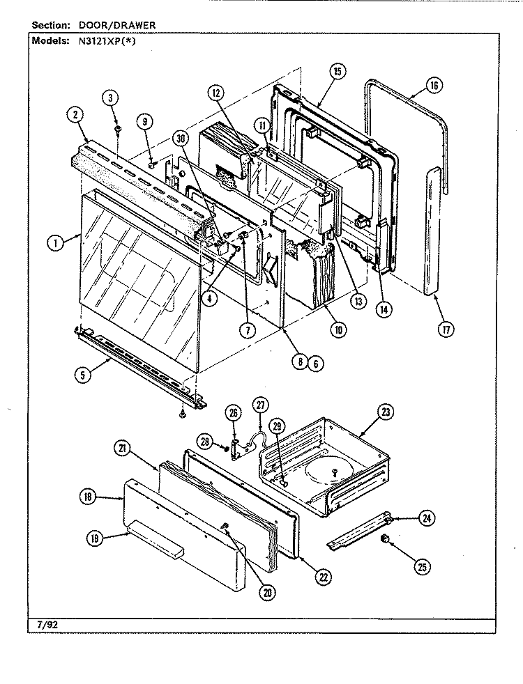 DOOR / DRAWER (N3121XPx) Diagram and Parts List for N3110PPW  Norge Range