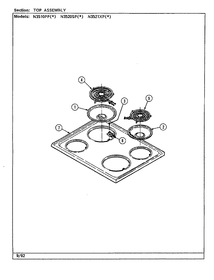 TOP ASSEMBLY (N3510PPx, N3520SPx) Diagram and Parts List for N3510PPW  Norge Range