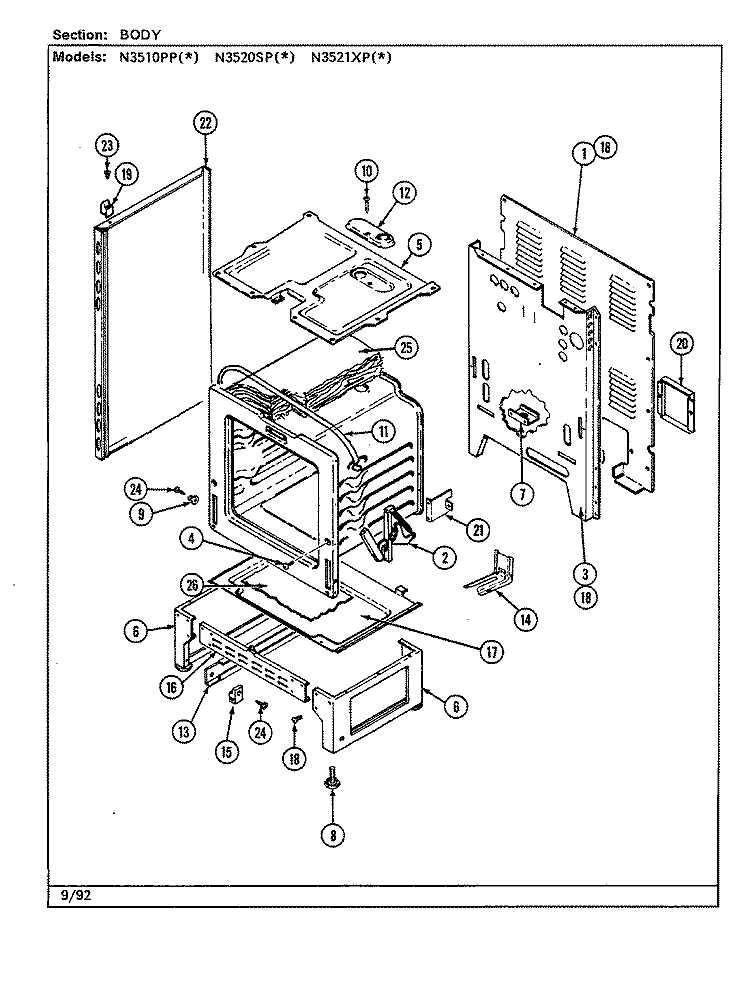 BODY (N3510PPx, N3520SPx) Diagram and Parts List for N3510PPW  Norge Range