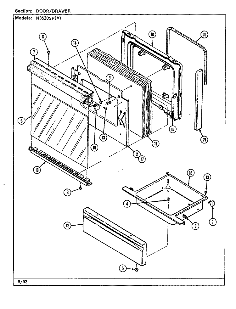 DOOR / DRAWER (N3520SPx) Diagram and Parts List for N3510PPW  Norge Range