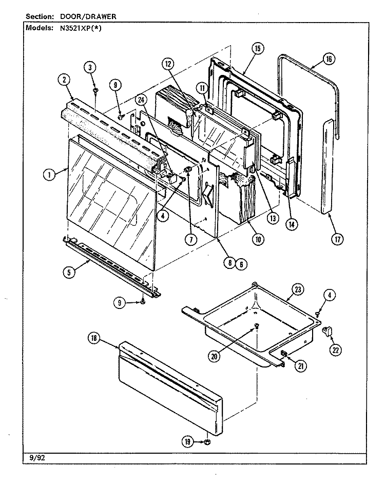 DOOR / DRAWER (N3521XPx) Diagram and Parts List for N3510PPW  Norge Range