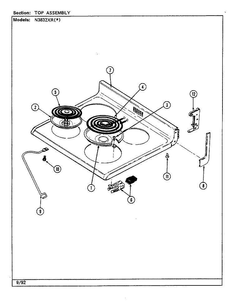 TOP ASSEMBLY Diagram and Parts List for N3832XRA  Norge Range