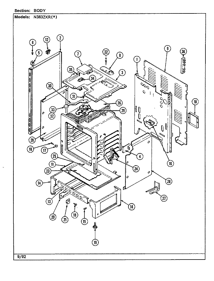 BODY Diagram and Parts List for N3832XRA  Norge Range