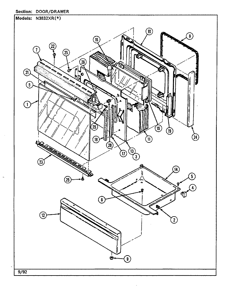 DOOR / DRAWER Diagram and Parts List for N3832XRA  Norge Range