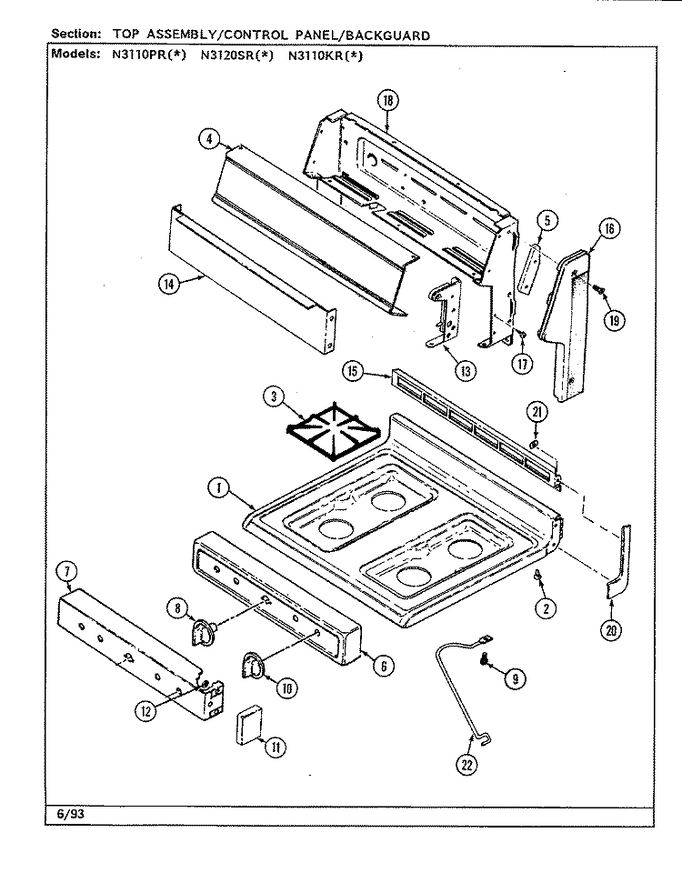 TOP ASSEMBLY / CONTROL PANEL Diagram and Parts List for N3110PRA  Norge Range