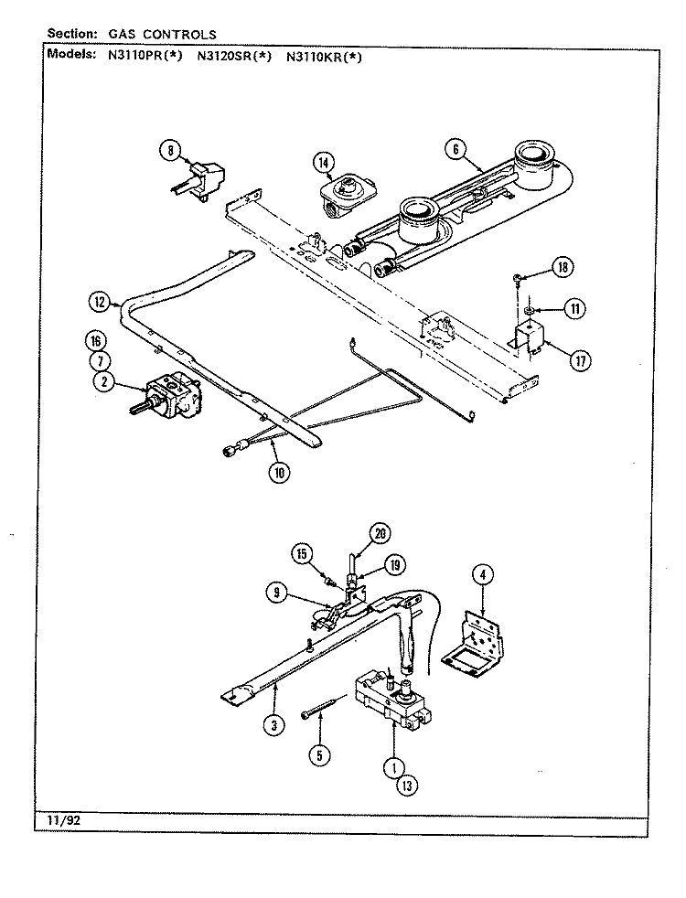 GAS CONTROLS (N3110PRx, N3120SRx) Diagram and Parts List for N3110PRA  Norge Range