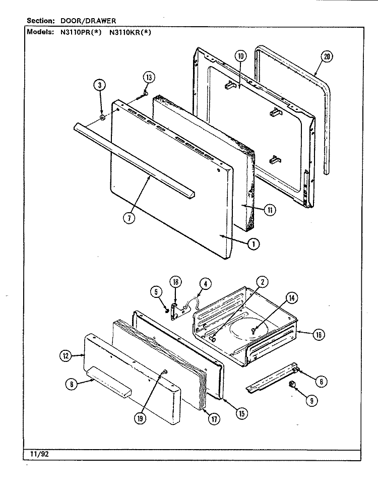 DOOR / DRAWER (N3110PRx, N3110KRx) Diagram and Parts List for N3110PRA  Norge Range
