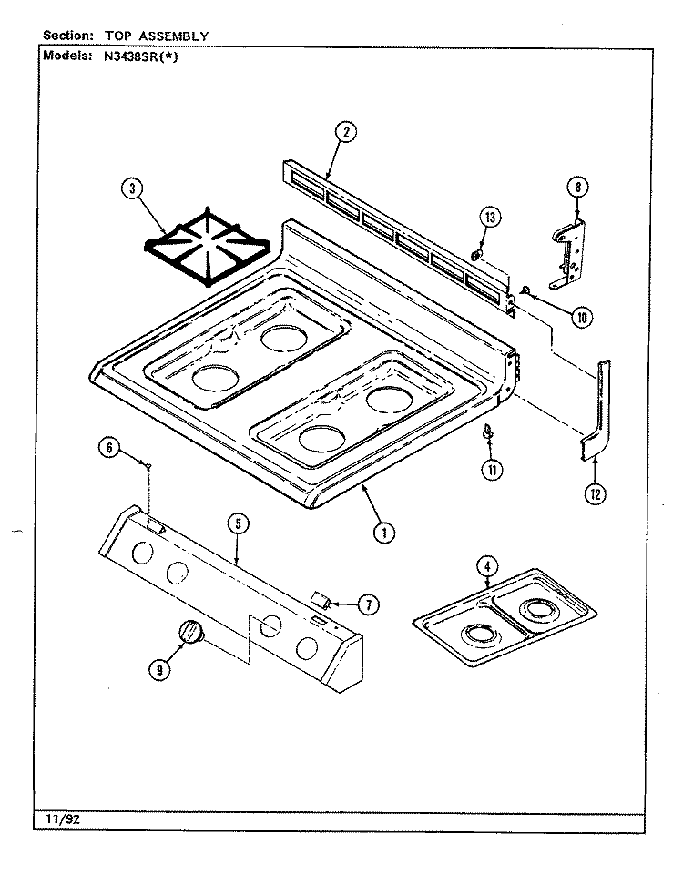 TOP ASSEMBLY Diagram and Parts List for N3438SRW  Norge Range