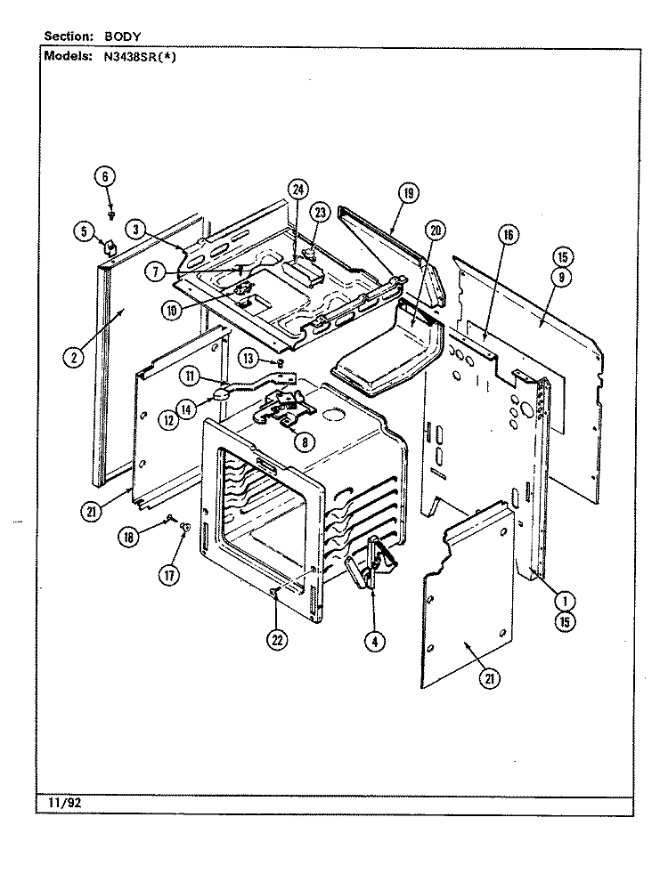 BODY Diagram and Parts List for N3438SRW  Norge Range