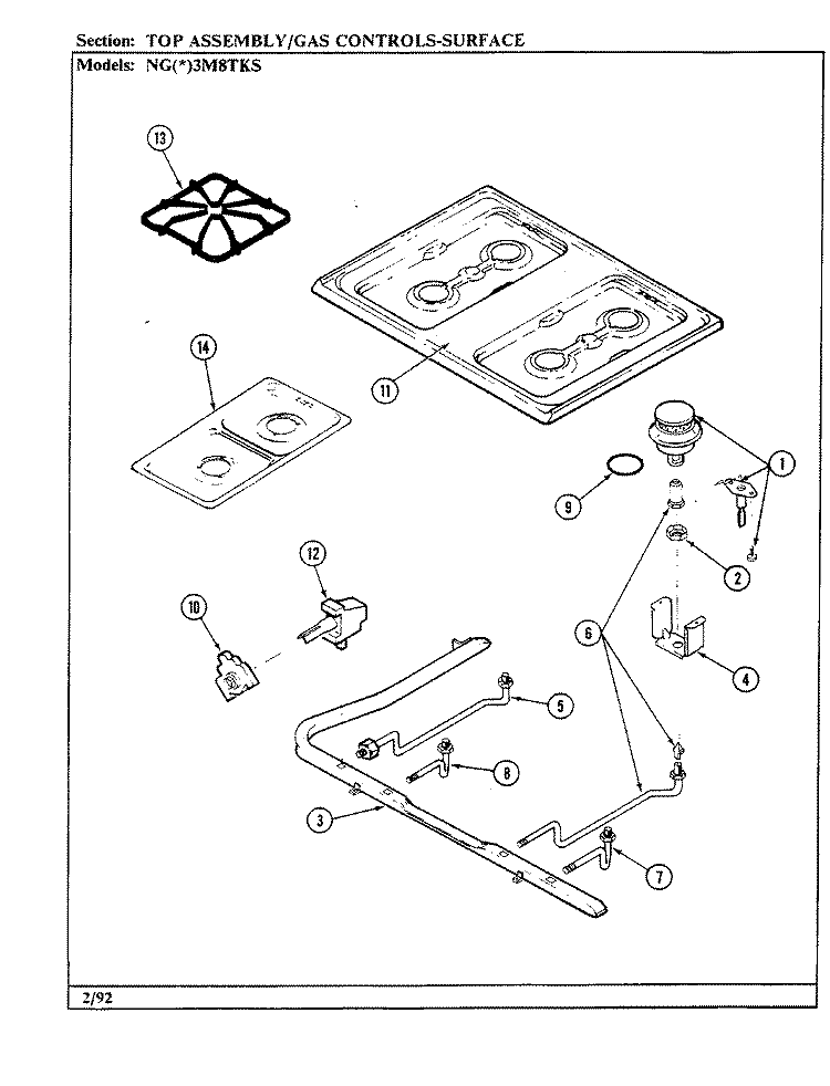 TOP ASSEMBLY Diagram and Parts List for NGA3M8TKS  Norge Range