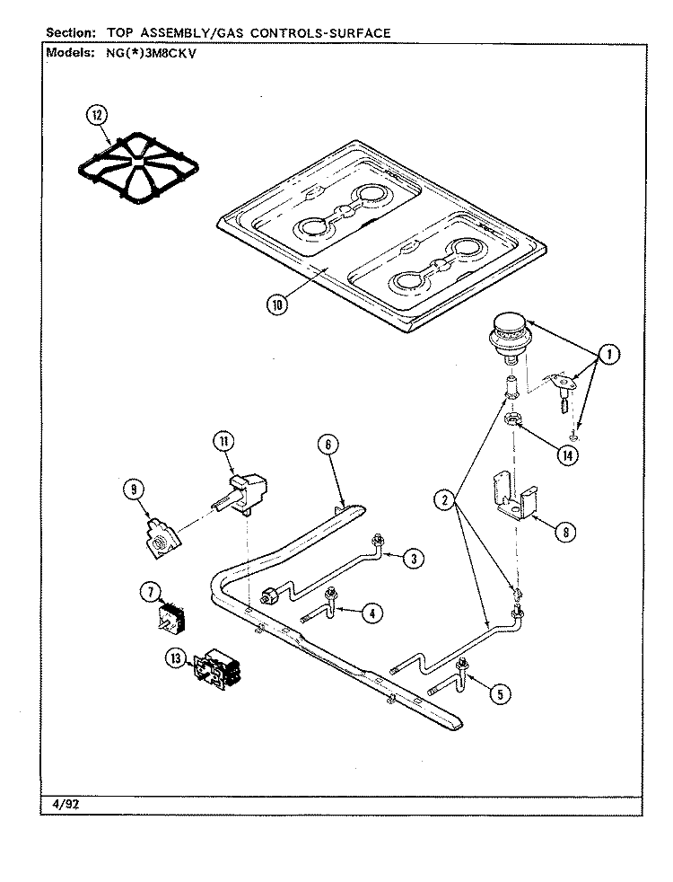 TOP ASSEMBLY Diagram and Parts List for NGW3M8CKV  Norge Range