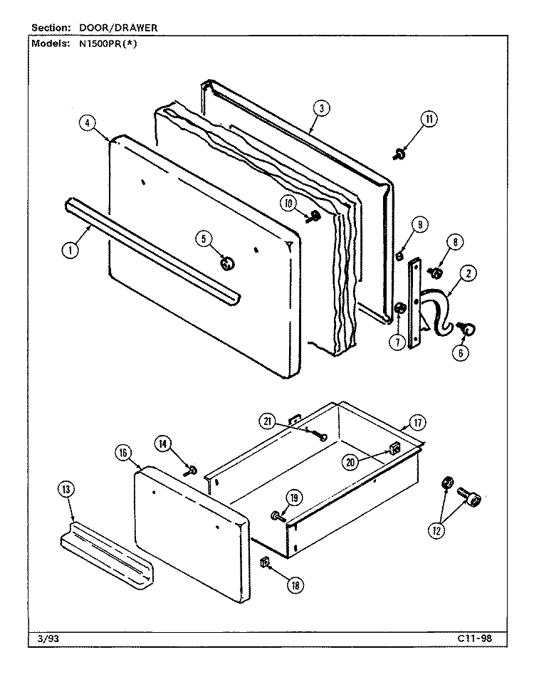 DOOR / DRAWER Diagram and Parts List for N1500PRW  Norge Range