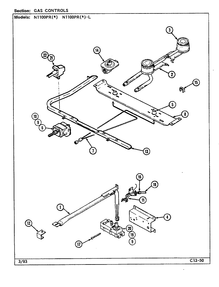 GAS CONTROLS Diagram and Parts List for N1100PRA  Norge Range