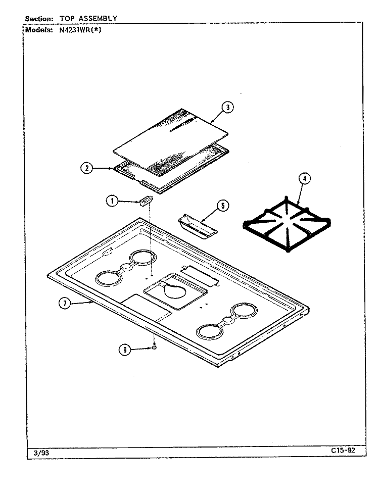 TOP ASSEMBLY Diagram and Parts List for N4231WRW  Norge Range