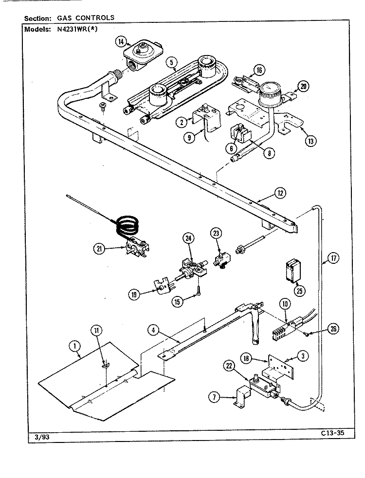 GAS CONTROLS Diagram and Parts List for N4231WRW  Norge Range