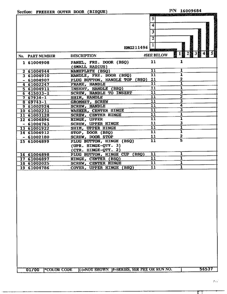 Freezer Outer Door Page 2 Diagram and Parts List for HMG211496  Admiral Refrigerator