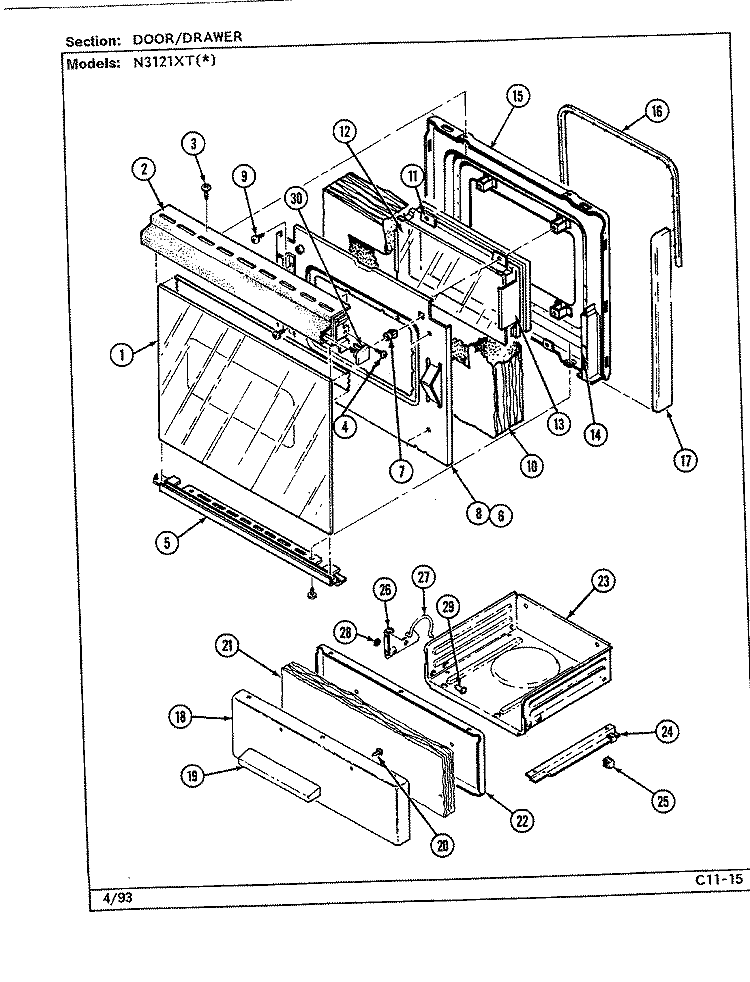 DOOR / DRAWER Diagram and Parts List for N3121XTA  Norge Range