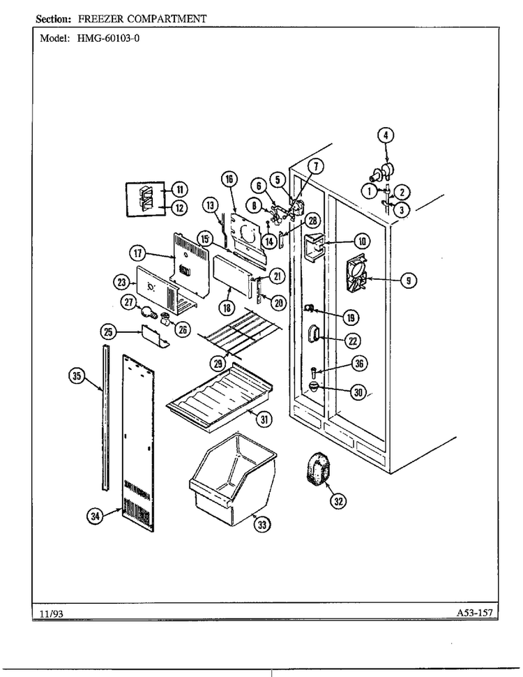 Freezer Compartment Diagram and Parts List for 60103-0A  Admiral Refrigerator