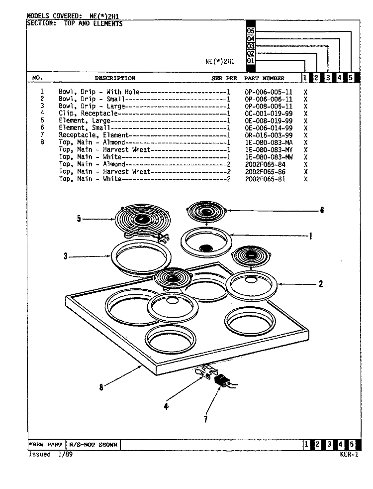 TOP ASSEMBLY Diagram and Parts List for NEW2H1  Norge Range