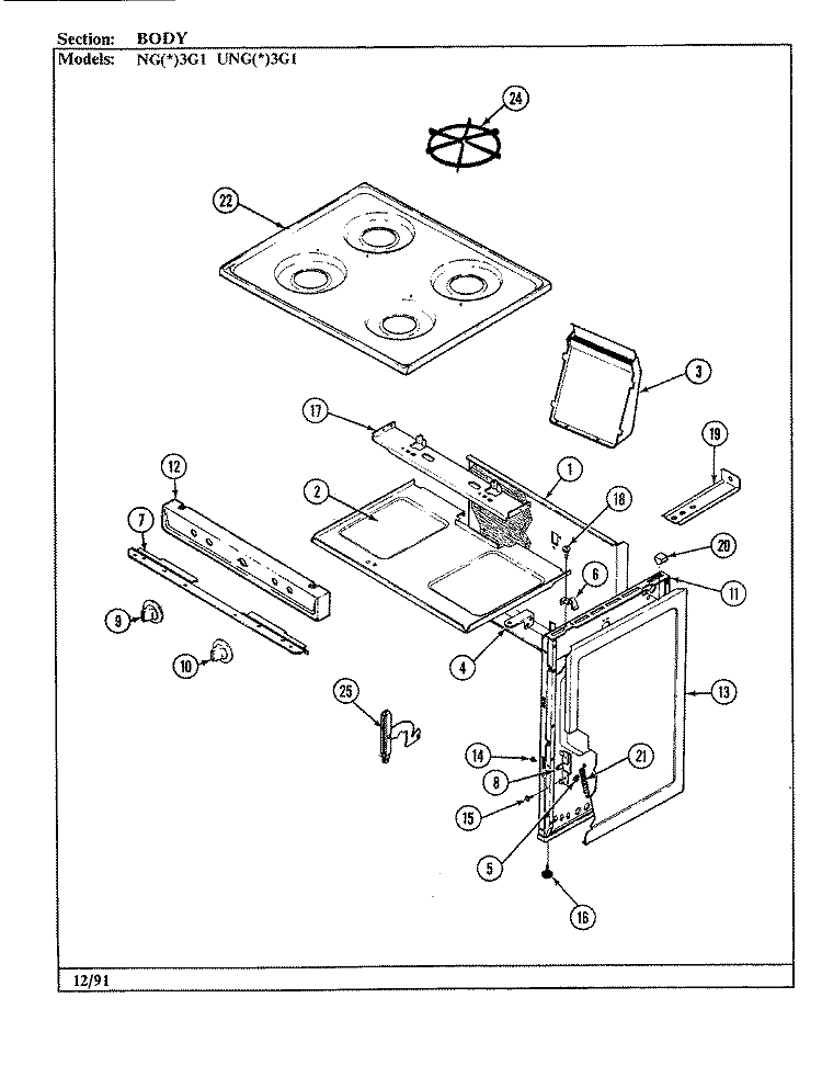 BODY Diagram and Parts List for UNGA3G1  Norge Range