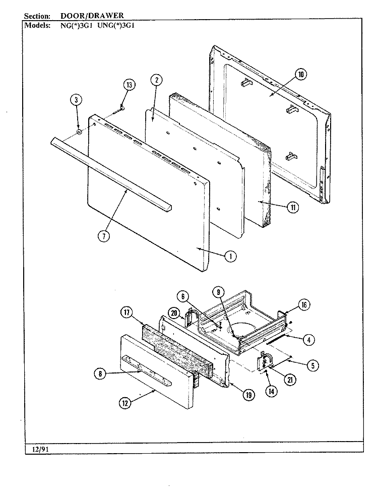 DOOR / DRAWER Diagram and Parts List for UNGA3G1  Norge Range