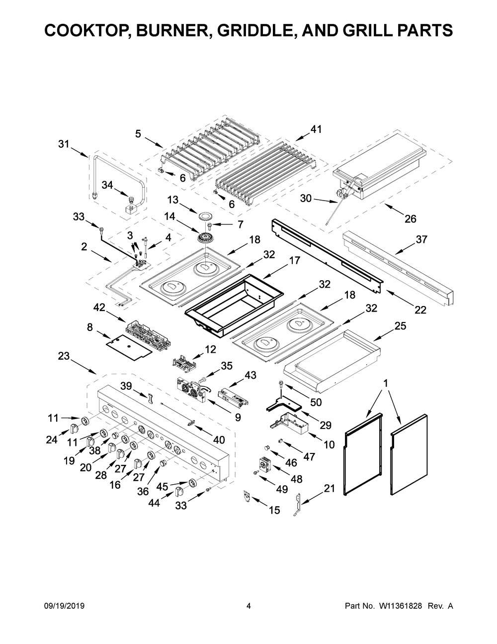 Cooktop, Burner, Griddle, And Grill Parts Diagram and Parts List for JGRP748HM00  Maytag Range