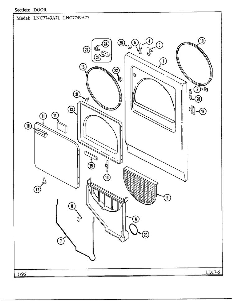 Door Diagram and Parts List for 7749A71  Norge Dryer
